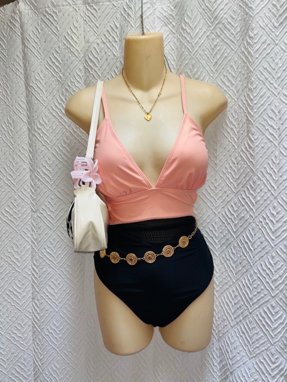 Baby pink and black one piece swimsuit LARGE